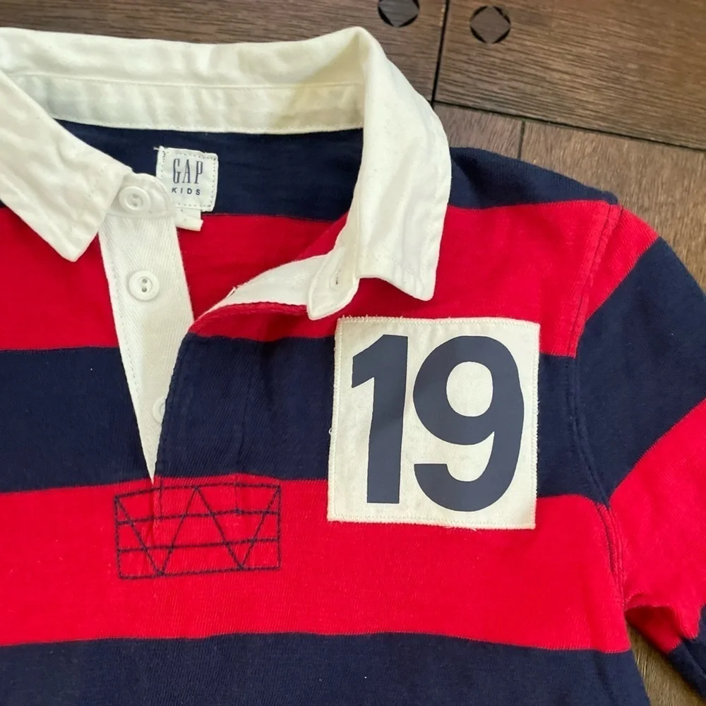 GAP Kids Rugby Boy's LARGE Navy Muted Red Stripe LS  Slub Polo #19 Preppy